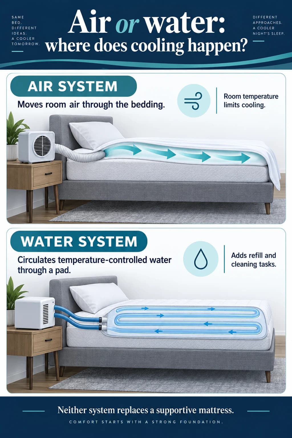 Conceptual comparison of air circulating above a mattress under bedding and water circulating through a thin pad connected to a bedside unit.