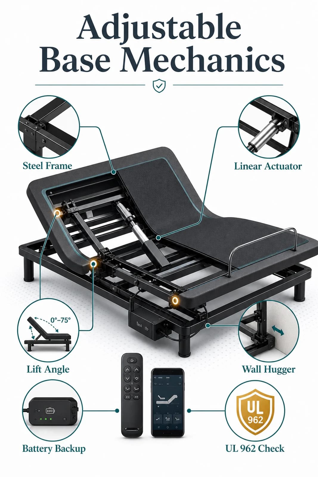 Adjustable bed base mechanics infographic showing steel frame, linear actuator, lift angle, wall hugger, battery backup and UL 962 check