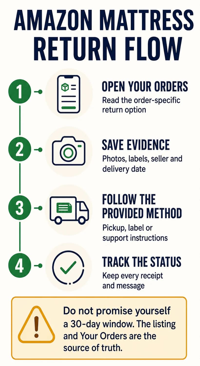 Four-step Amazon mattress return flow covering Your Orders, evidence, provided return method and status tracking