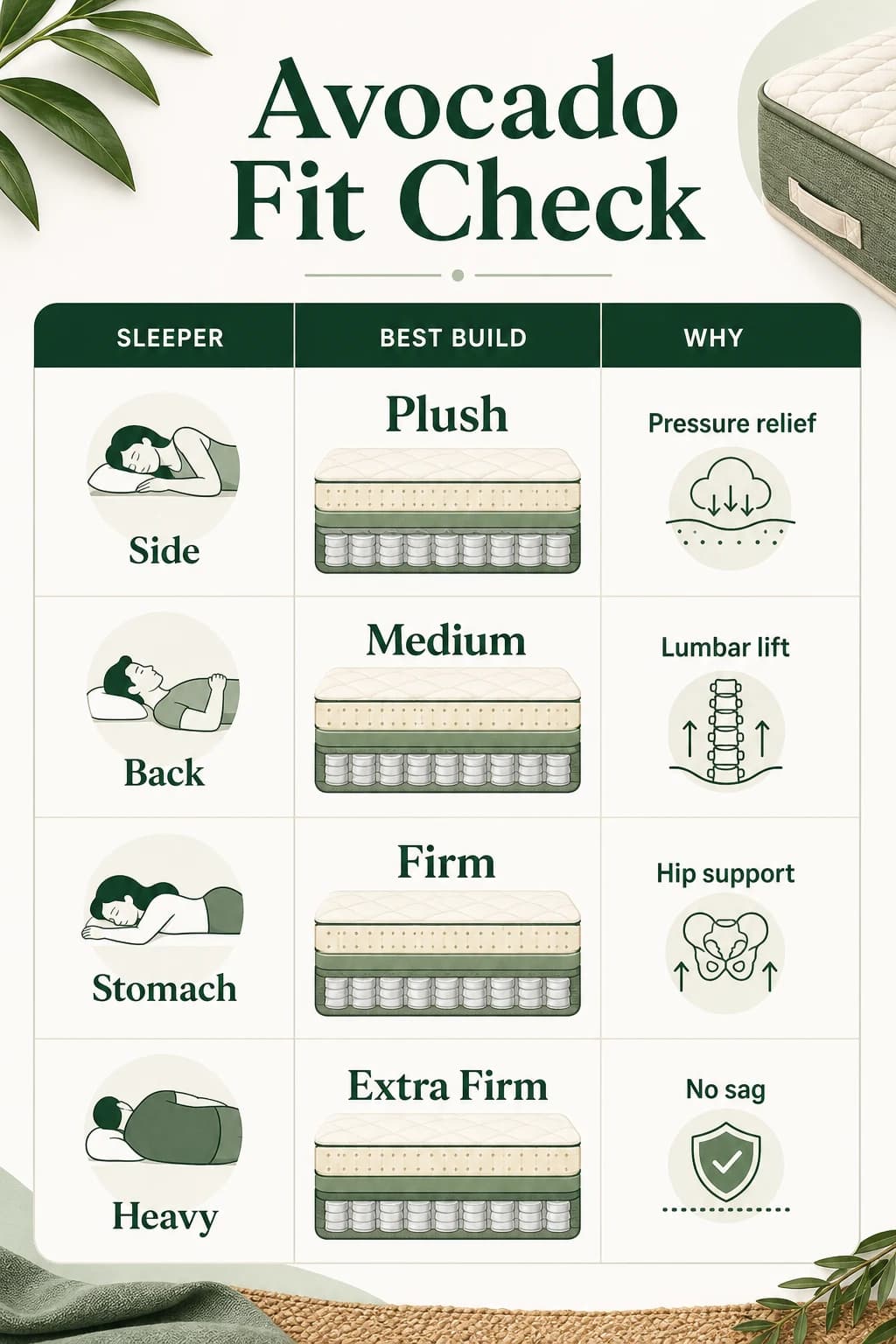 Avocado fit check infographic matching side, back, stomach, and heavier sleepers to plush, medium, firm, and extra firm builds