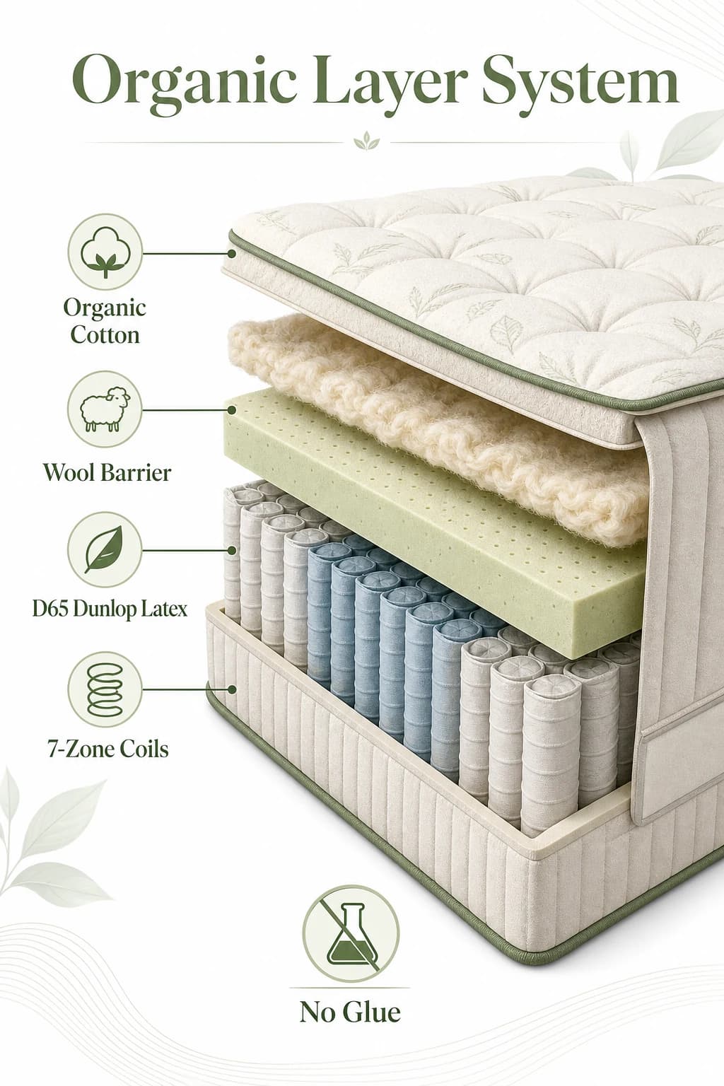Organic latex hybrid mattress layer system infographic showing cotton, wool, Dunlop latex, zoned coils, and no glue