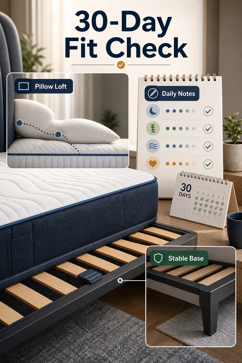 Professional infographic showing pillow loft, stable base, and daily notes for a 30-day back-sleeper mattress fit check