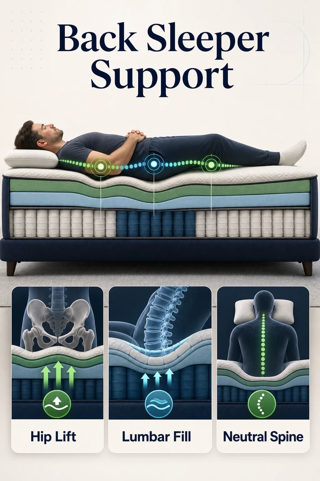 Professional infographic showing hip lift, lumbar fill, and neutral spine support for back sleepers