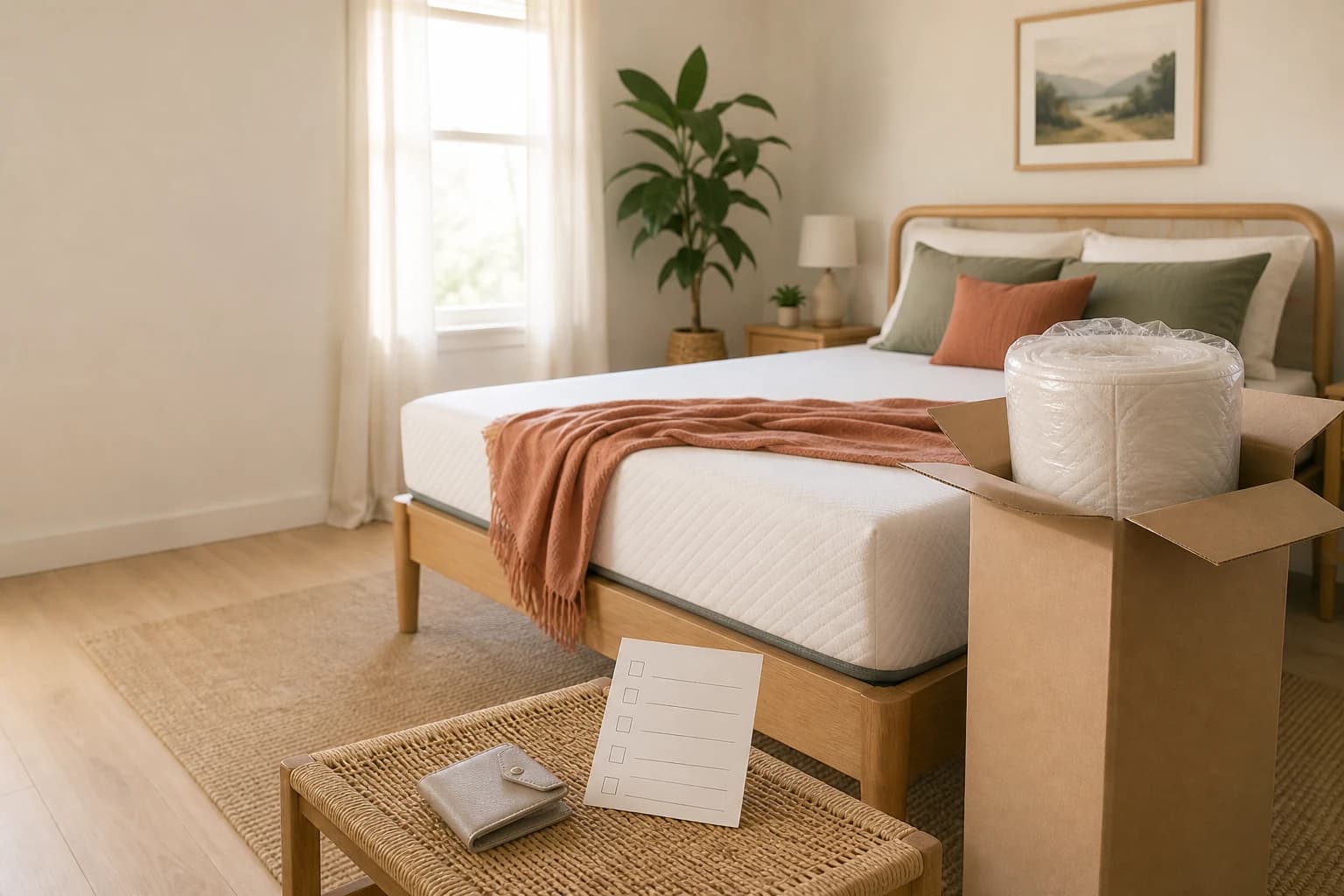 Editorial bedroom image illustrating an affordable boxed mattress