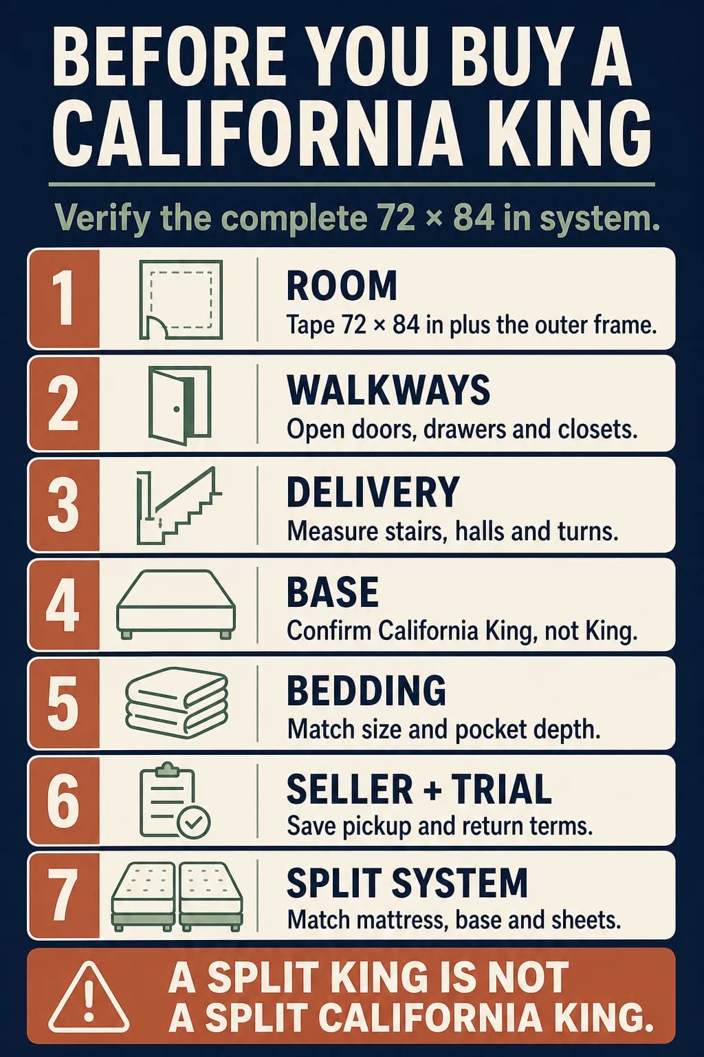 California King room and purchase checklist covering dimensions, walkways, delivery, frame, sheets, seller, trial, and warranty