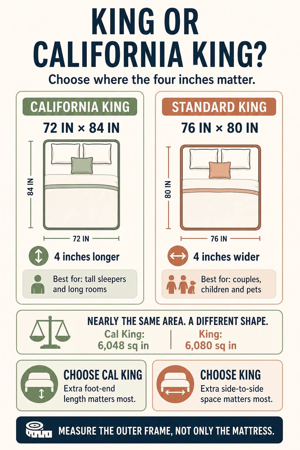 California King and standard King size comparison showing width, length, and best room fit