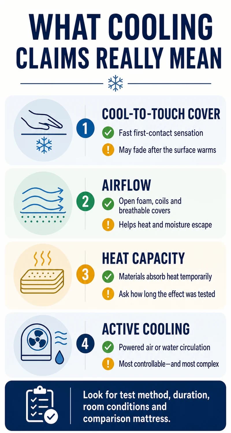 Infographic explaining cool-to-touch covers, airflow, heat capacity and active mattress cooling
