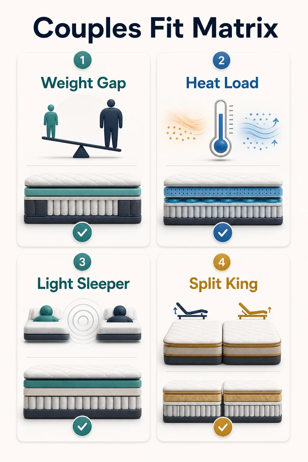 Couples fit matrix infographic showing weight gap, heat load, light sleeper, and split king mattress decision paths