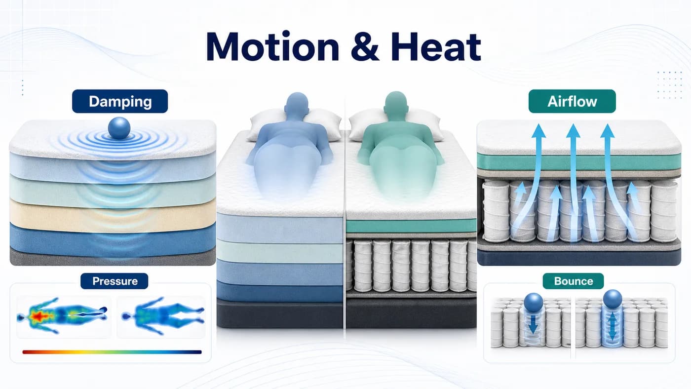 Motion and heat infographic showing memory foam damping and hybrid coil airflow for couples
