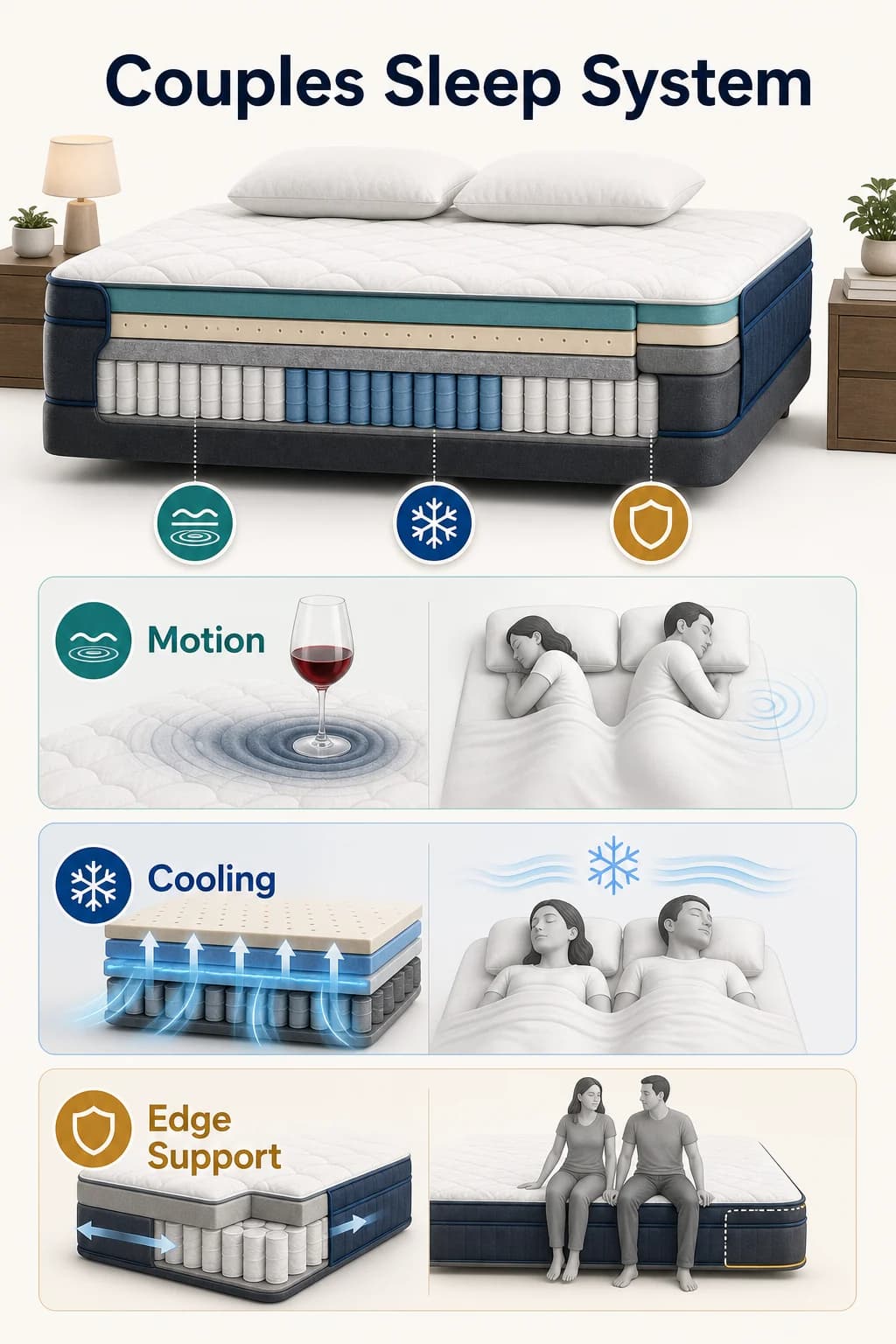 Couples sleep system infographic showing motion isolation, cooling, edge support, and mattress construction layers