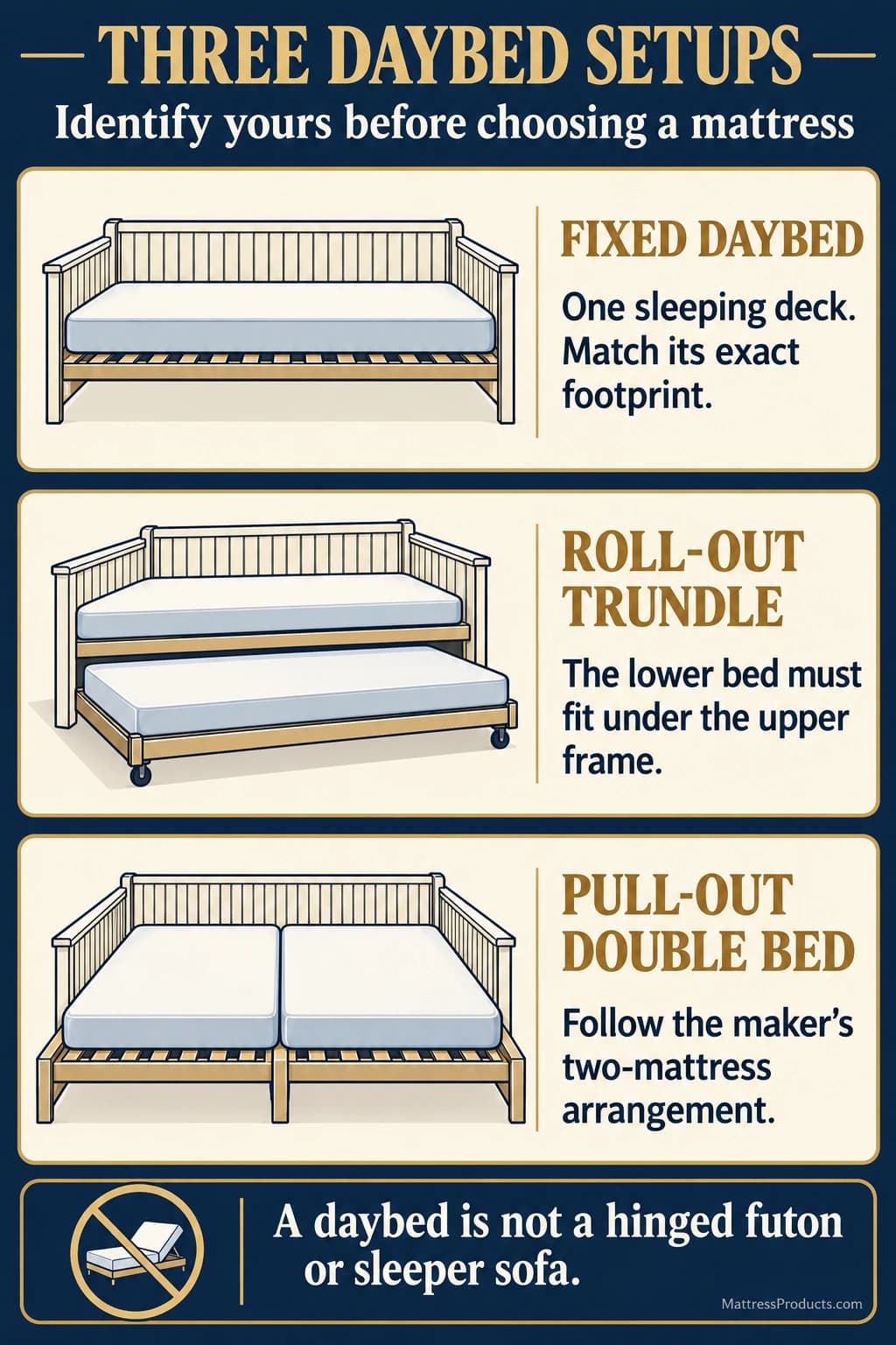 A fixed daybed has one deck, a roll-out trundle adds a separate lower wheeled bed, and a pull-out double arrangement uses two mattresses side by side when extended.