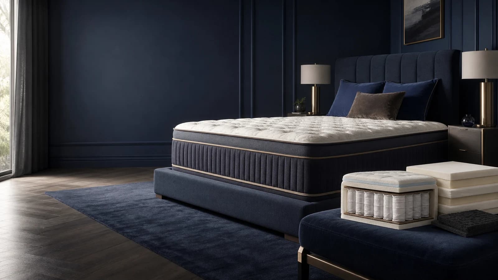 Editorial bedroom image illustrating a responsive hybrid mattress