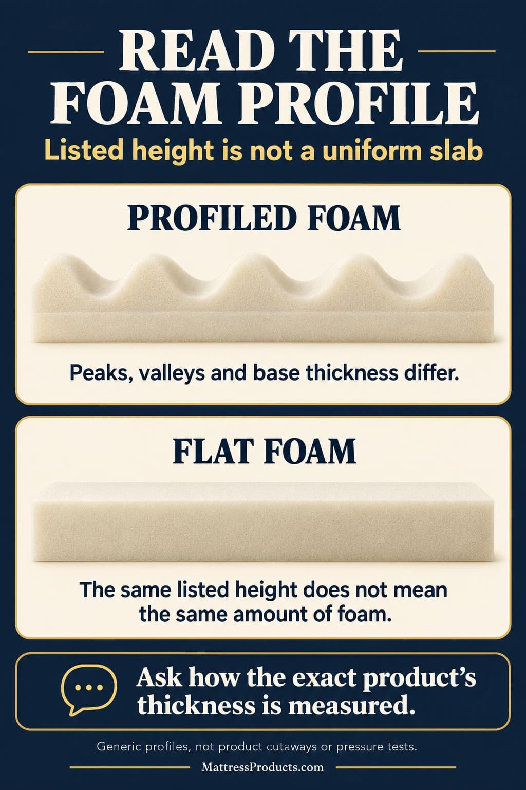 A qualitative egg-crate profile has peaks, valleys and a continuous base, while a flat slab has uniform height; the same listed height does not establish equal foam quantity.