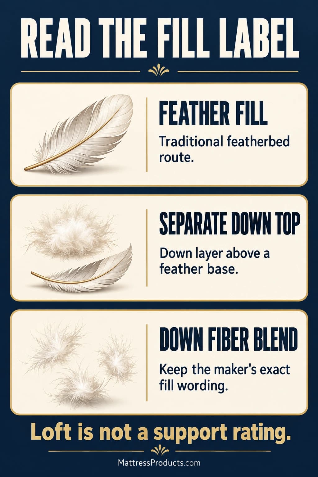 Feather fill, a separate down top above a feather base, and down-fiber blends are different descriptions. Preserve the exact fill wording; loft is not a support rating.