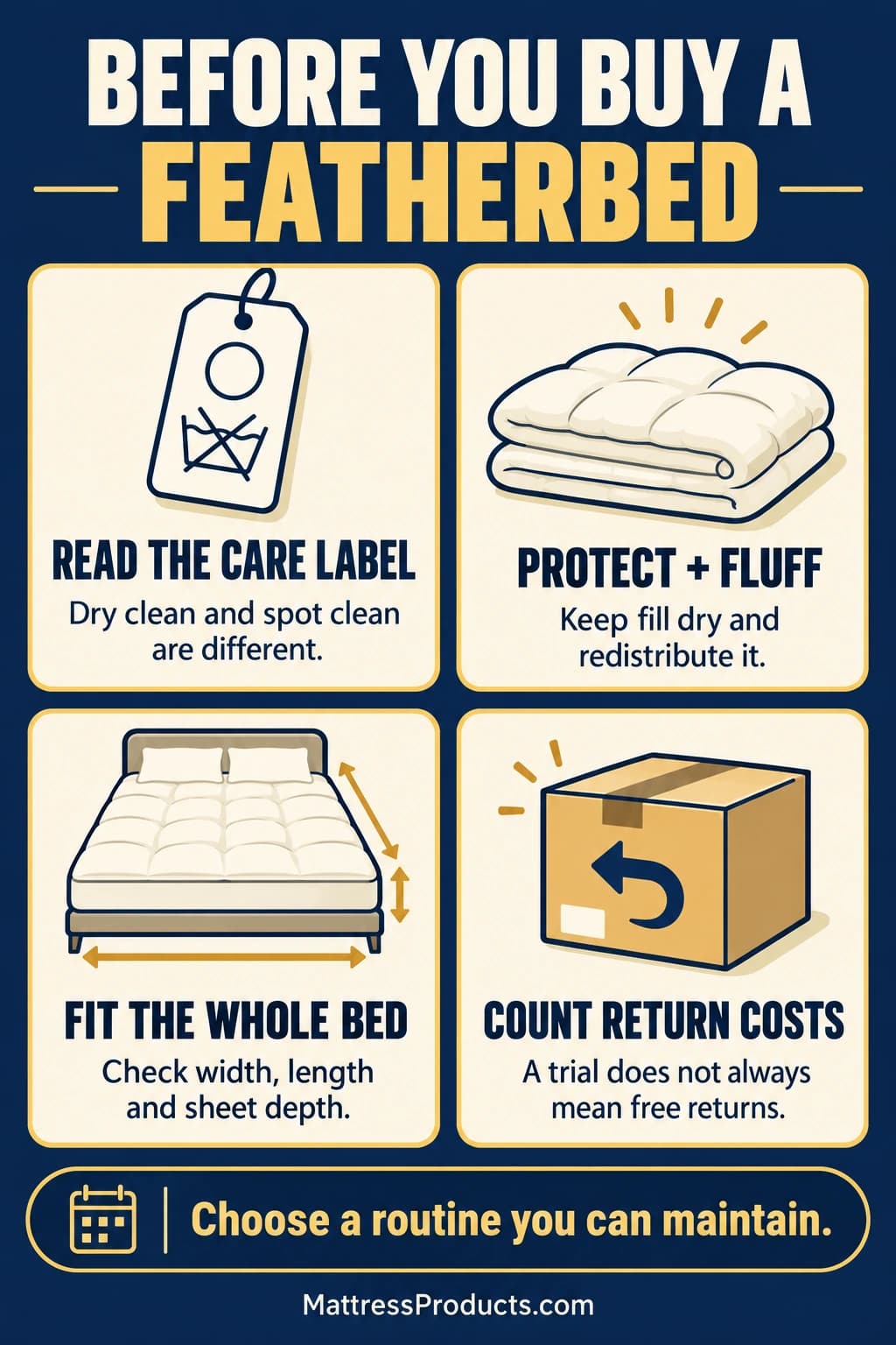 Read the exact care label, protect and fluff the fill, check the full bed and sheet depth, and account for seller return costs. Dry cleaning and spot cleaning are different instructions.