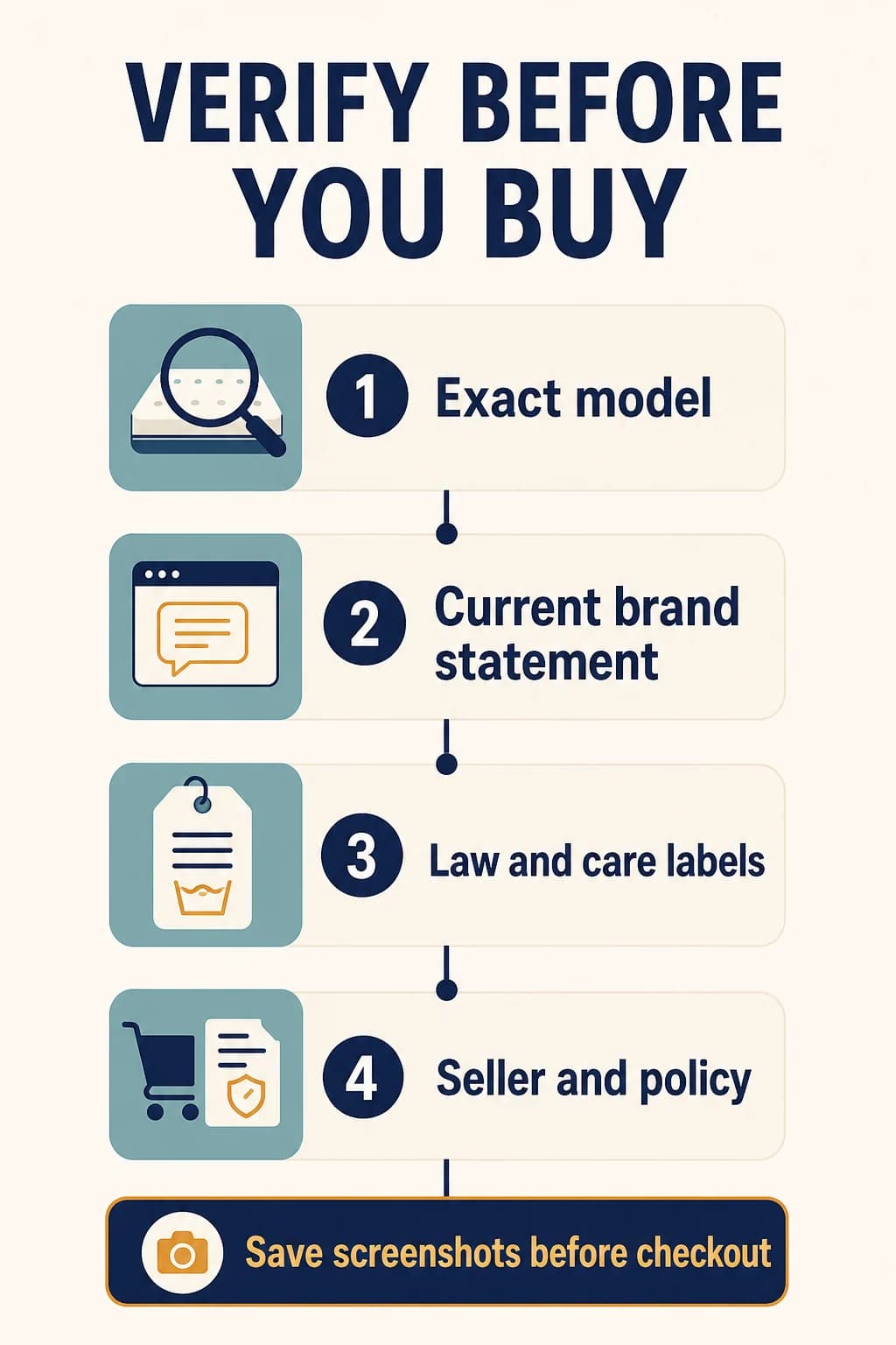Four-step workflow for verifying an exact mattress model, brand statement, labels, seller, and policy