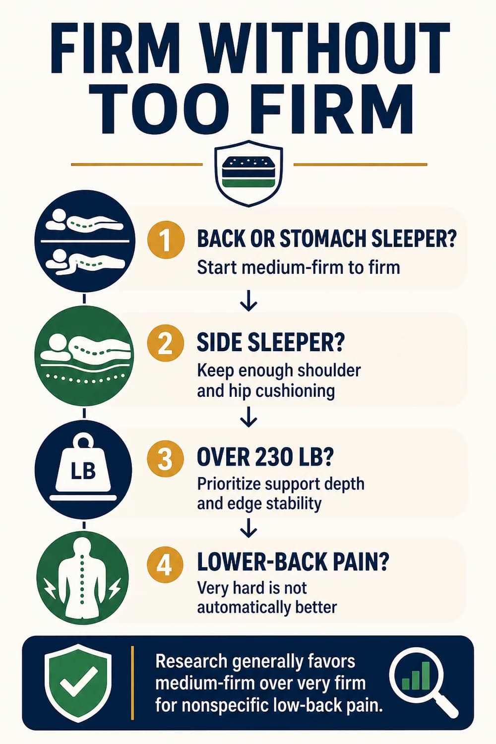 Decision chart for choosing a firm mattress by sleep position, body weight and lower-back pain evidence