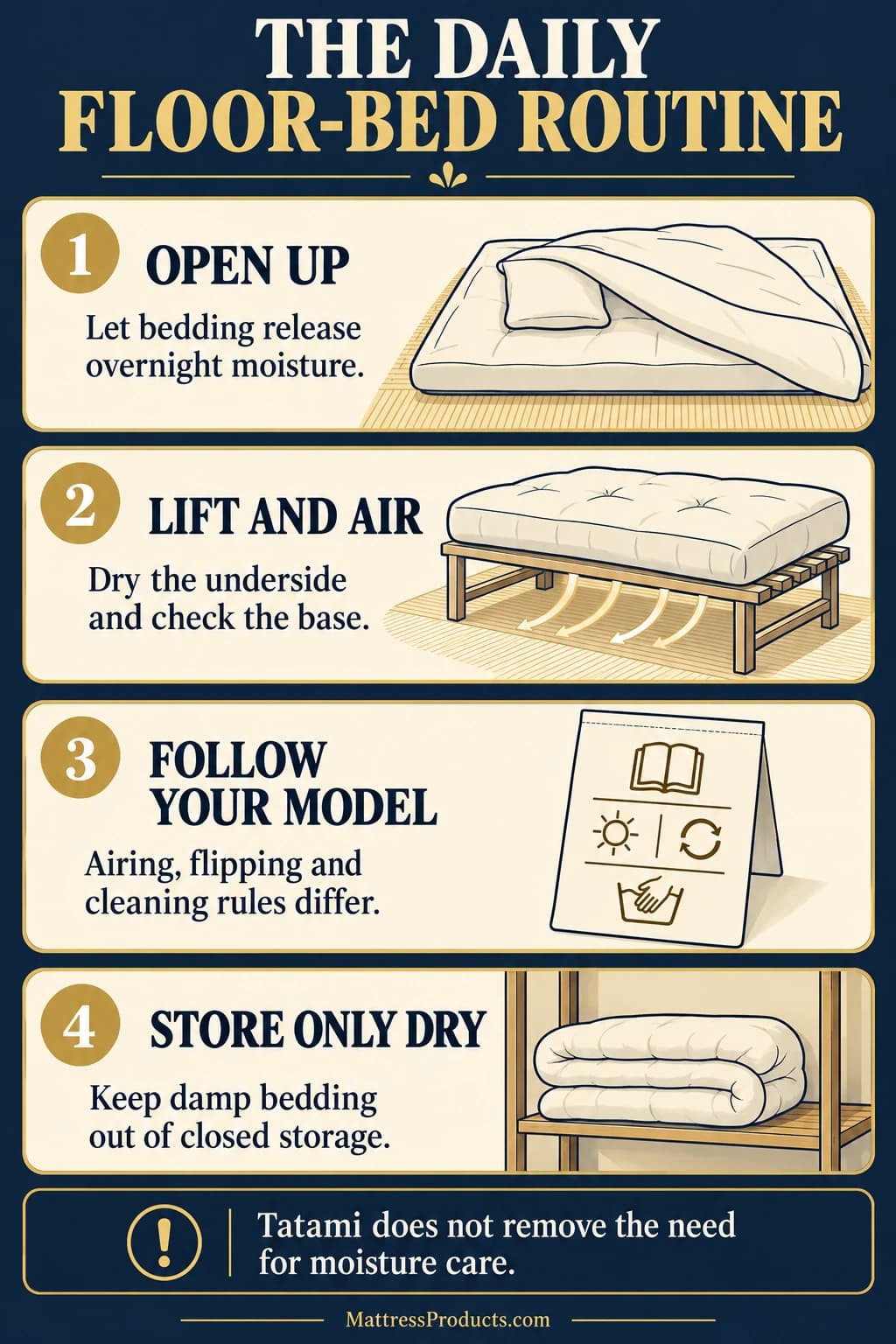 Open the bedding, lift and air the futon while checking the base, follow model-specific care and flipping instructions, and store only dry bedding. Tatami does not eliminate moisture care.