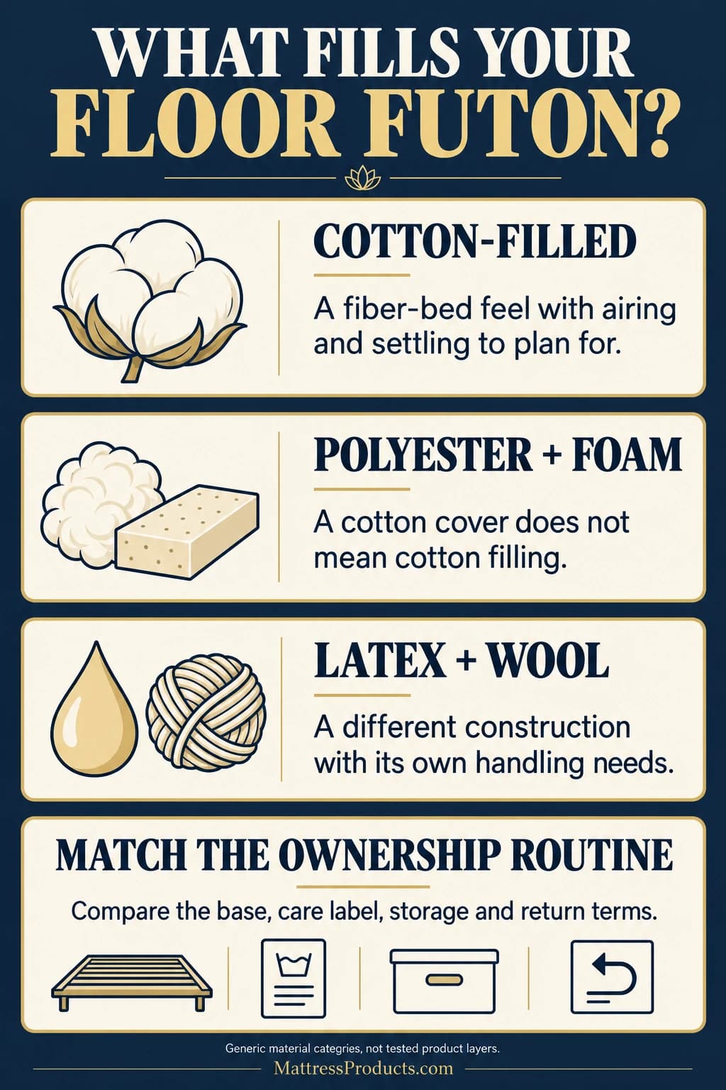 Cotton filling, polyester plus foam, and latex plus wool are different floor-futon constructions. Compare each one's base, care label, storage and return terms.