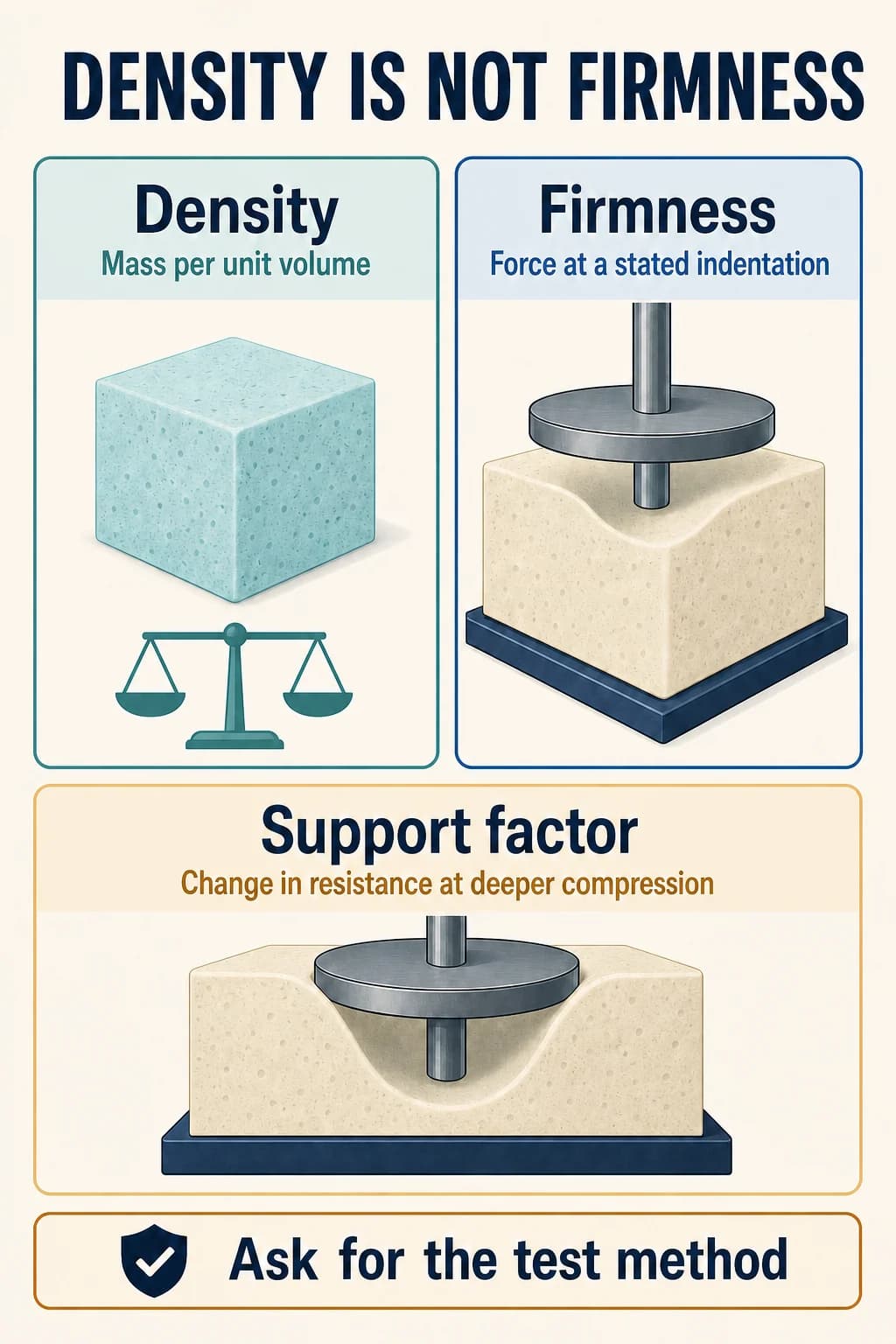 Diagram distinguishing foam density, firmness measured by indentation force, and support factor at deeper compression