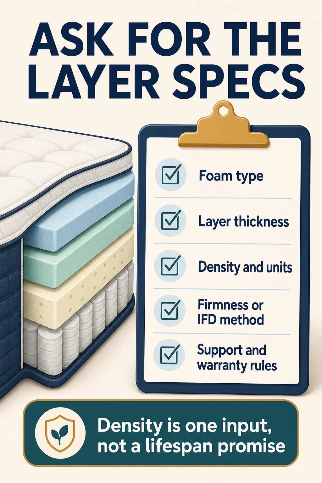 Checklist for foam type, layer thickness, density and units, firmness method, support data, and warranty rules