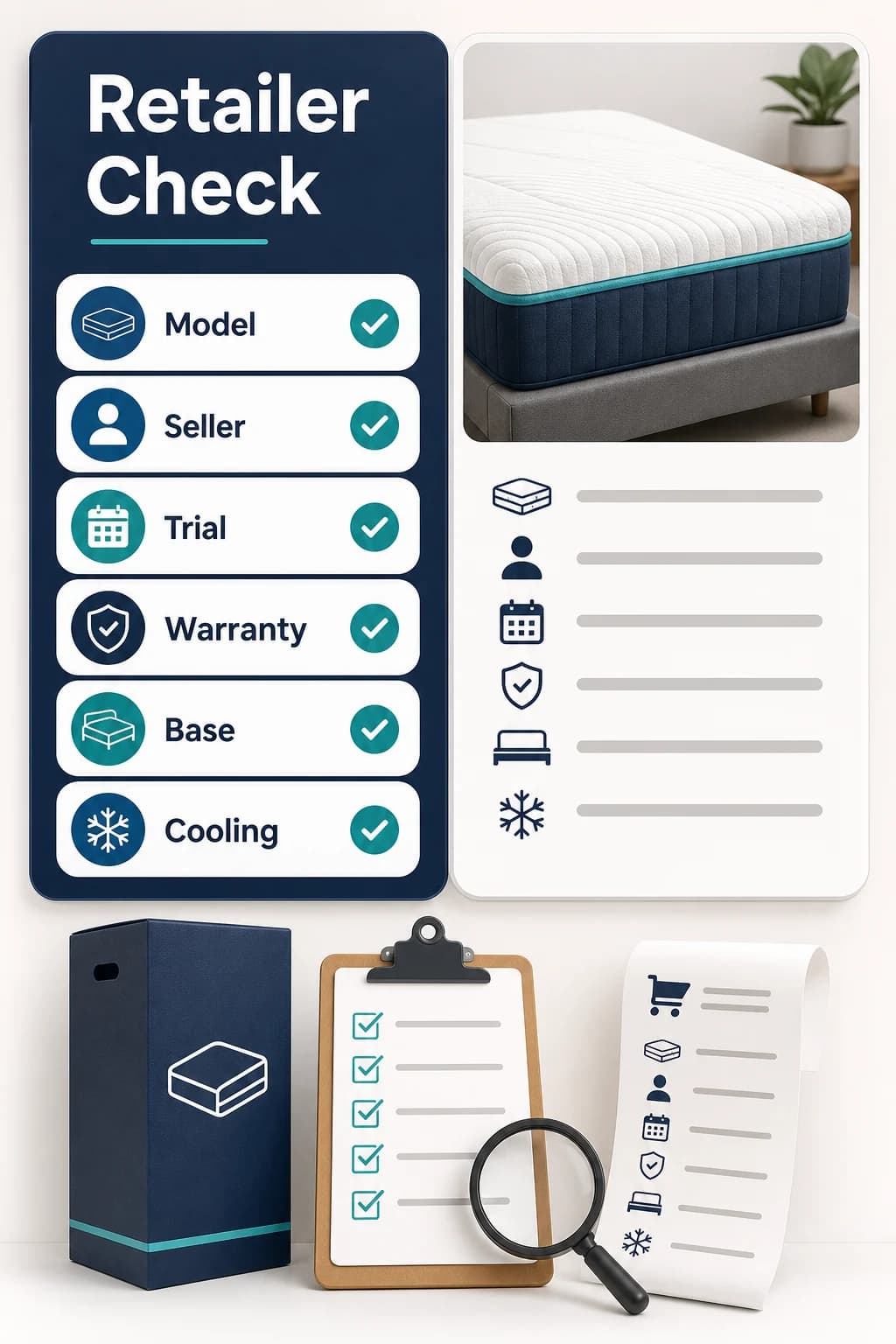 Retailer check infographic for verifying Helix model, seller, trial, warranty, base, and cooling before purchase