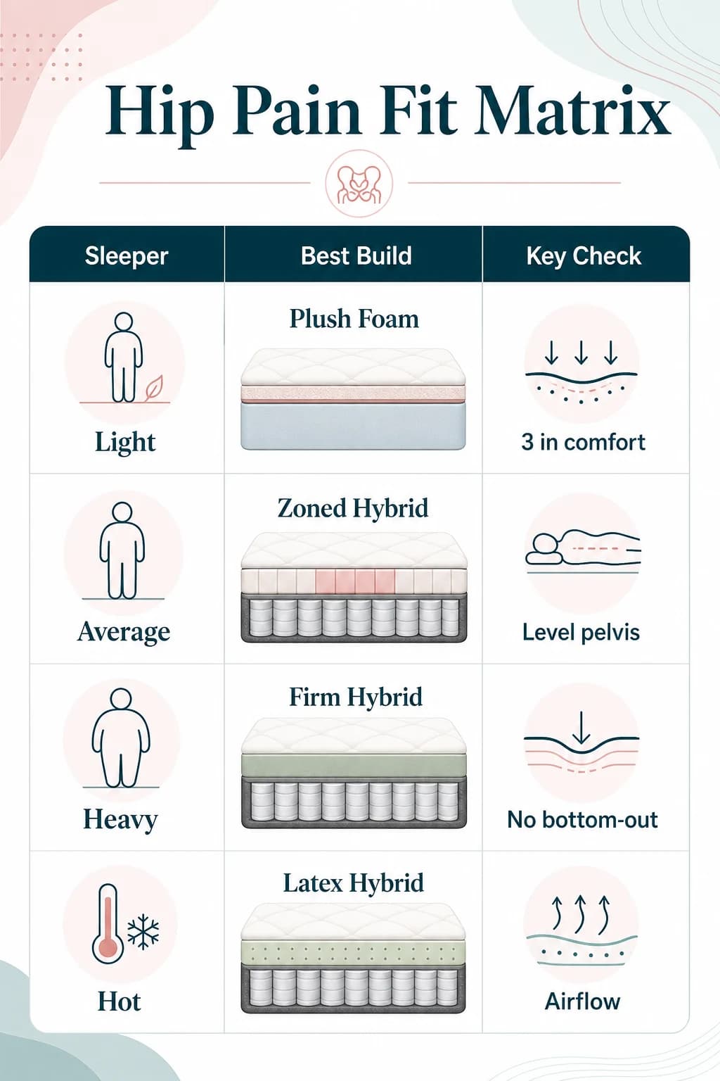 Hip pain fit matrix infographic matching light, average, heavy, and hot sleepers to mattress build types