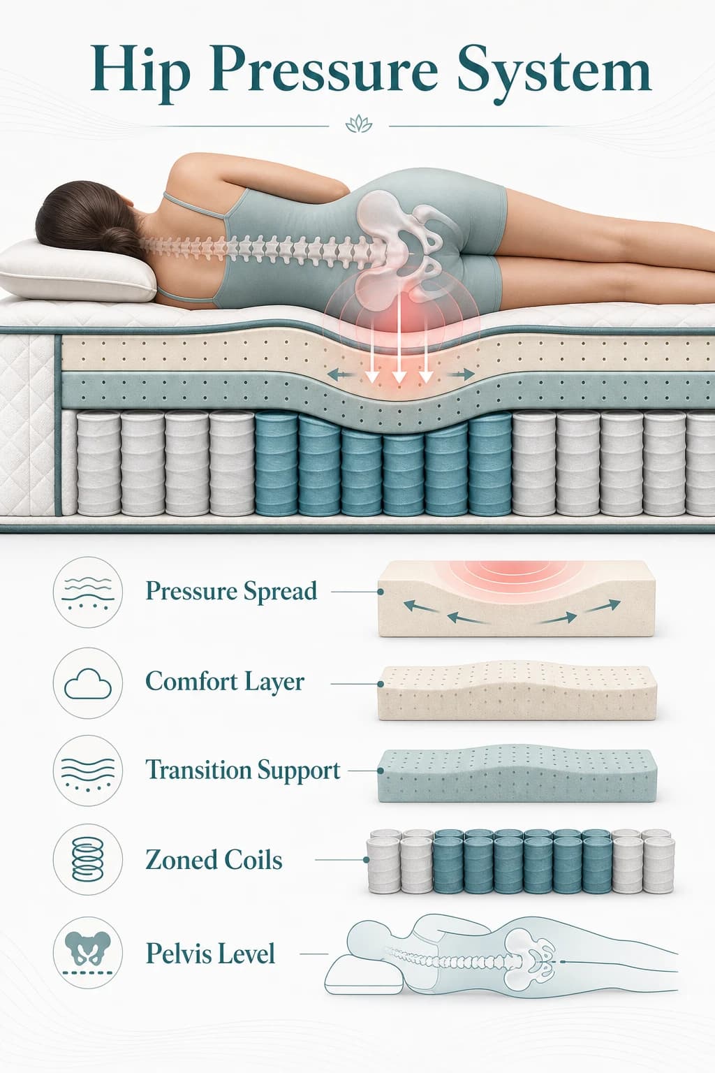 Hip pressure system infographic showing comfort layer, transition support, zoned coils, and pelvis level alignment