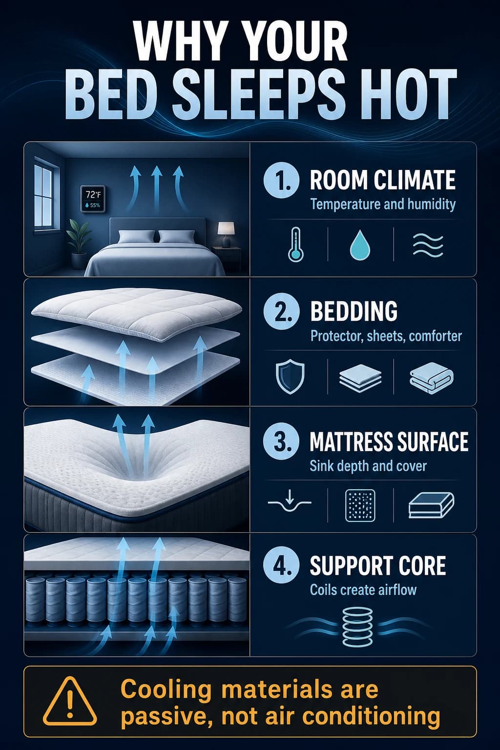 Four-layer guide to room climate, bedding, mattress surface and support-core airflow for hot sleepers