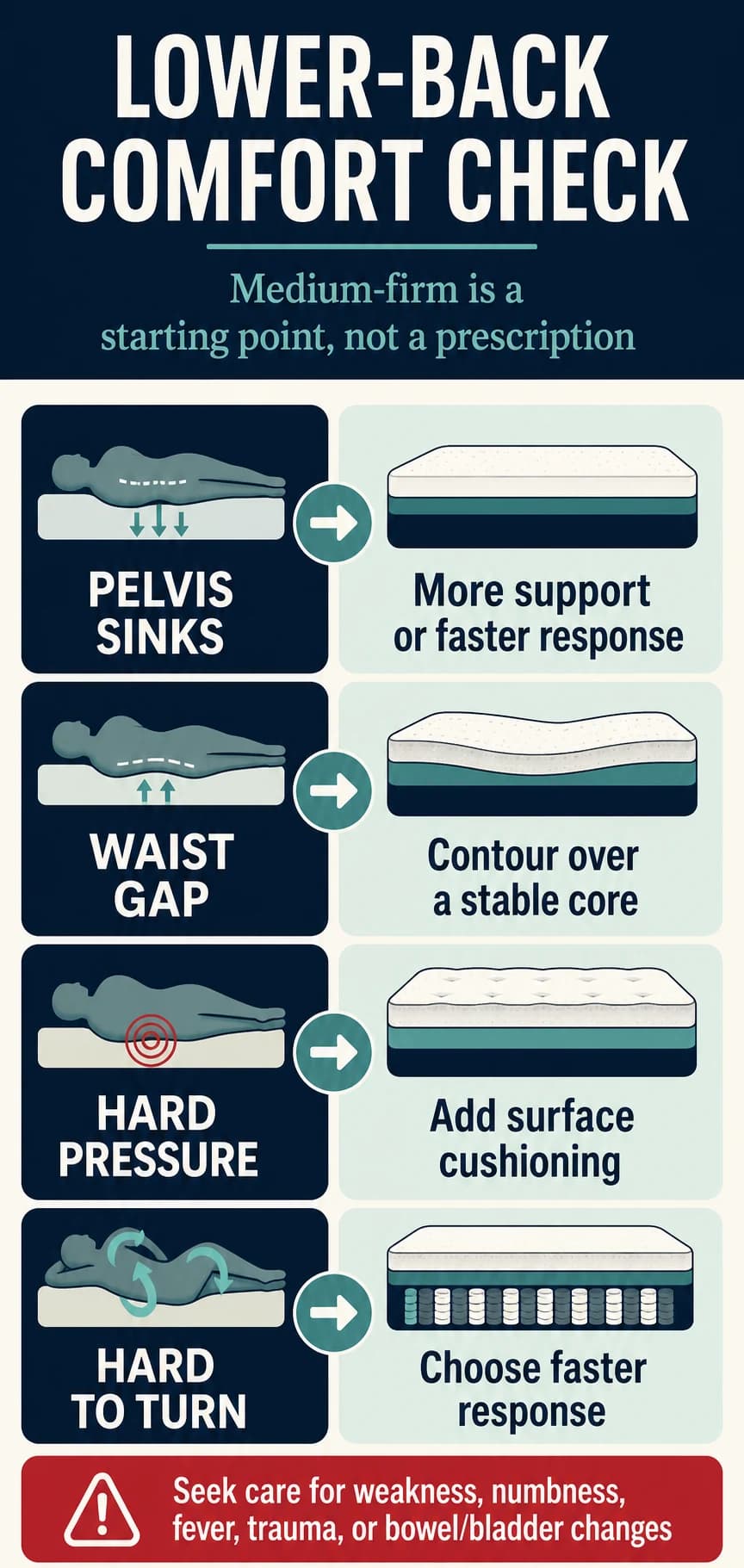 Lower-back comfort decision guide covering pelvic sink, waist gap, pressure and ease of turning