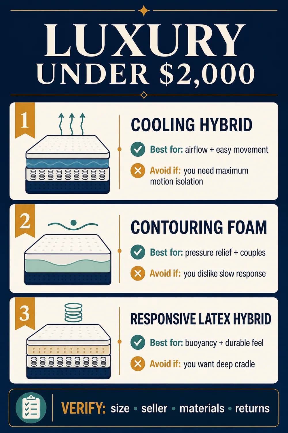 Luxury mattress under $2,000 decision chart comparing cooling hybrid, contouring foam and responsive latex-hybrid routes