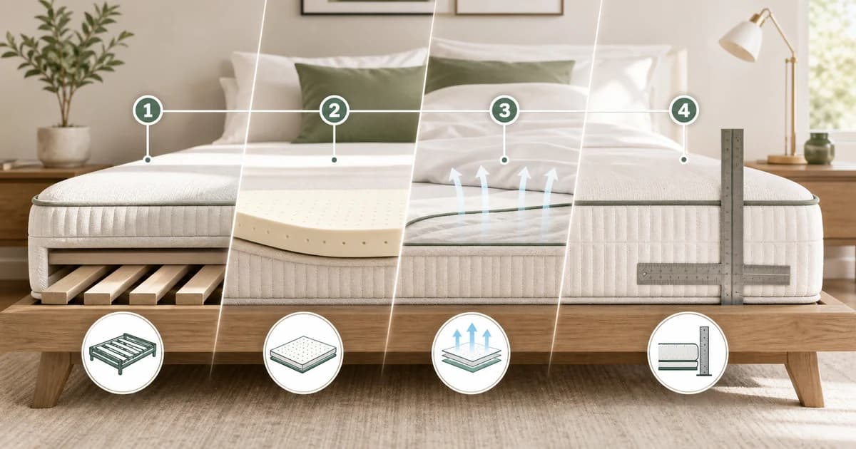 Visual roadmap showing foundation support, firm topper, breathable bedding, and impression measurement steps for making a mattress firmer