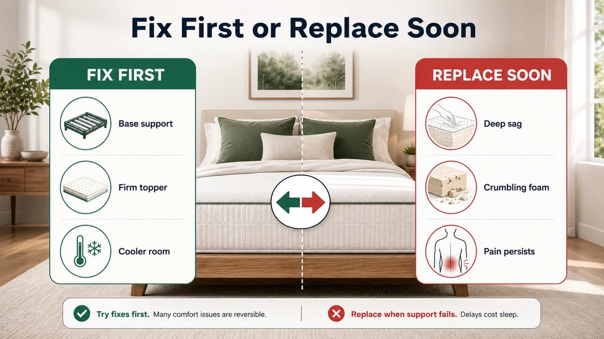Infographic showing when to fix a soft mattress first and when to replace it soon