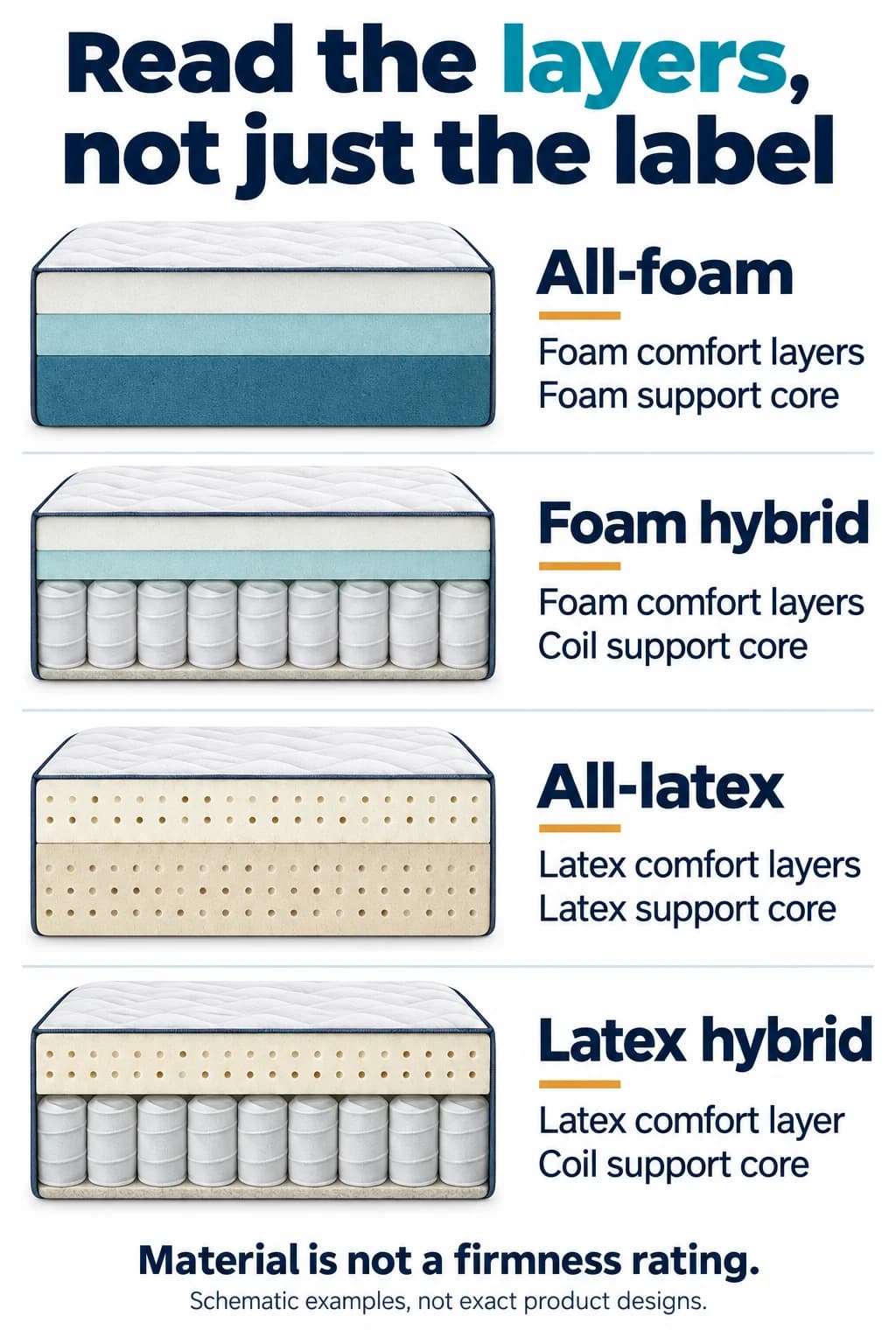 Four schematic cross-sections distinguish all-foam, foam hybrid, all-latex and latex hybrid by their comfort layer and support core.