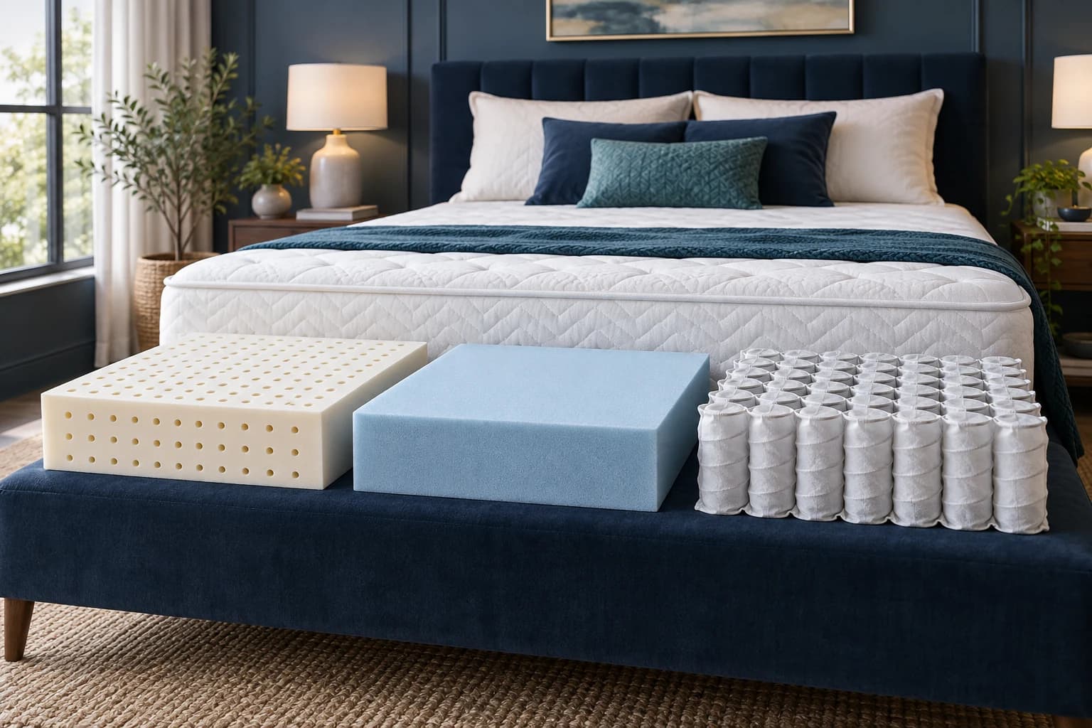Conceptual foam, latex and coil samples illustrating different mattress materials