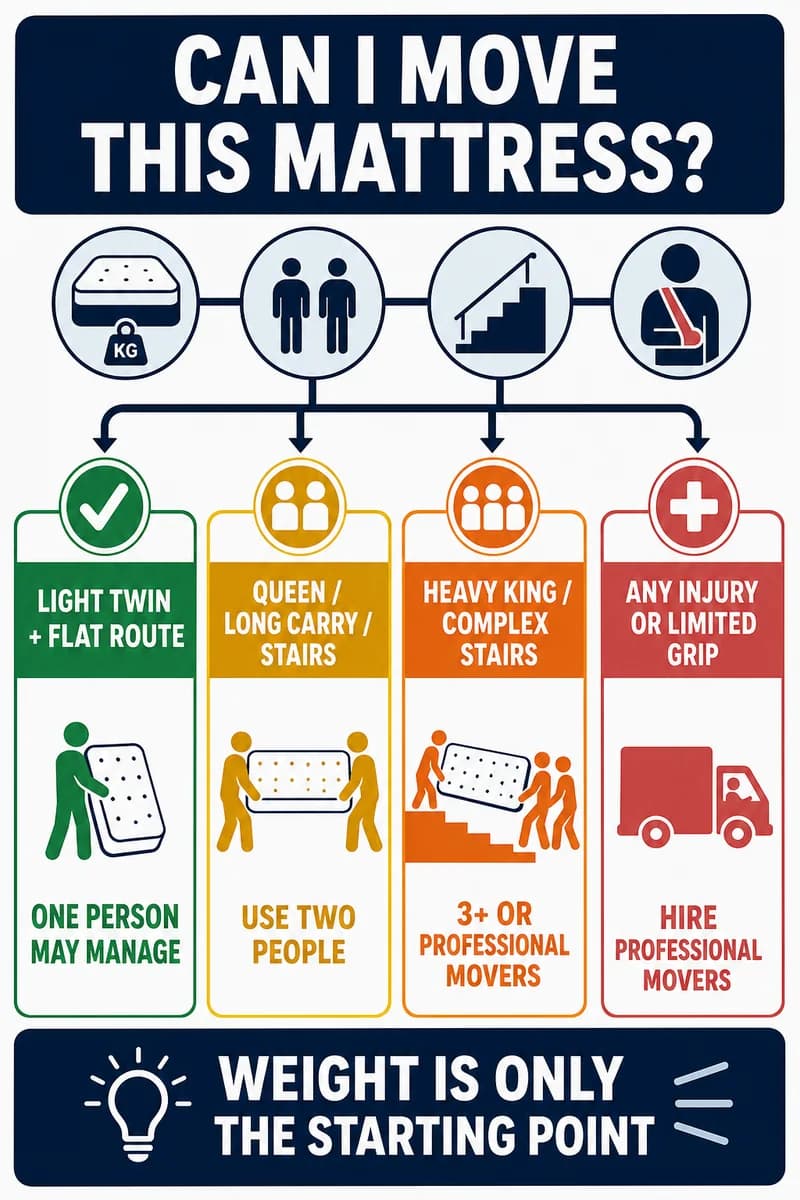 Decision chart for choosing one person, two helpers, three or more helpers, or professional movers based on mattress weight, stairs, and physical limitations
