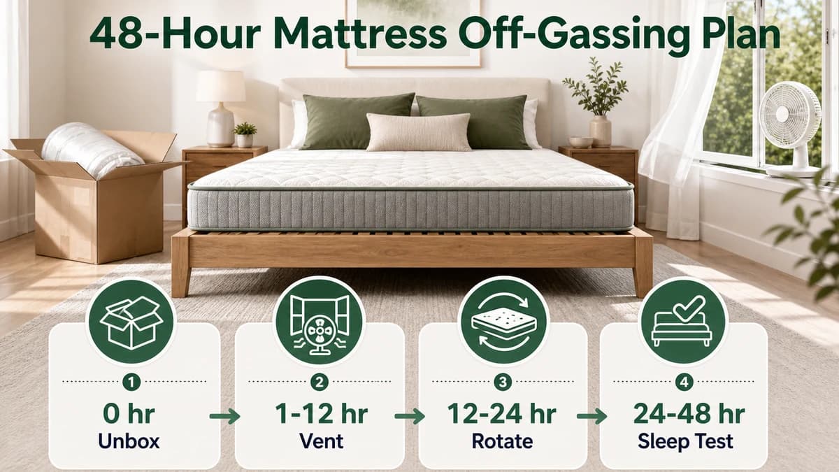 48-hour mattress off-gassing plan showing unbox, vent, rotate, and sleep-test steps