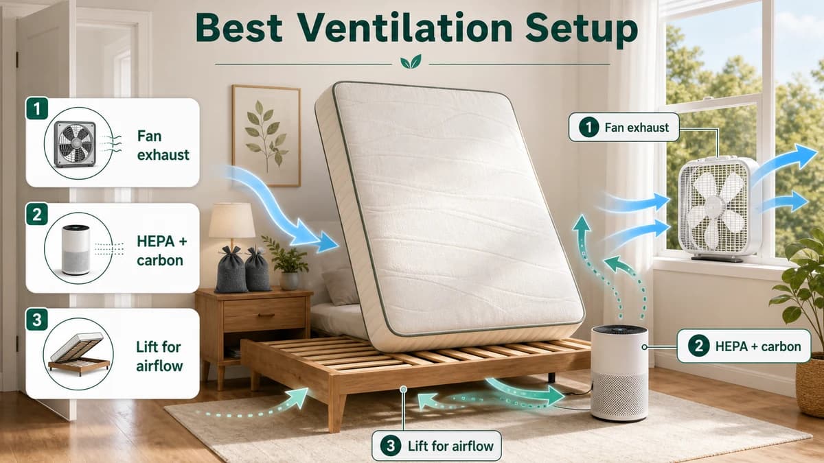 Best ventilation setup for mattress off-gassing with fan exhaust, HEPA and carbon purifier, and lifted mattress airflow