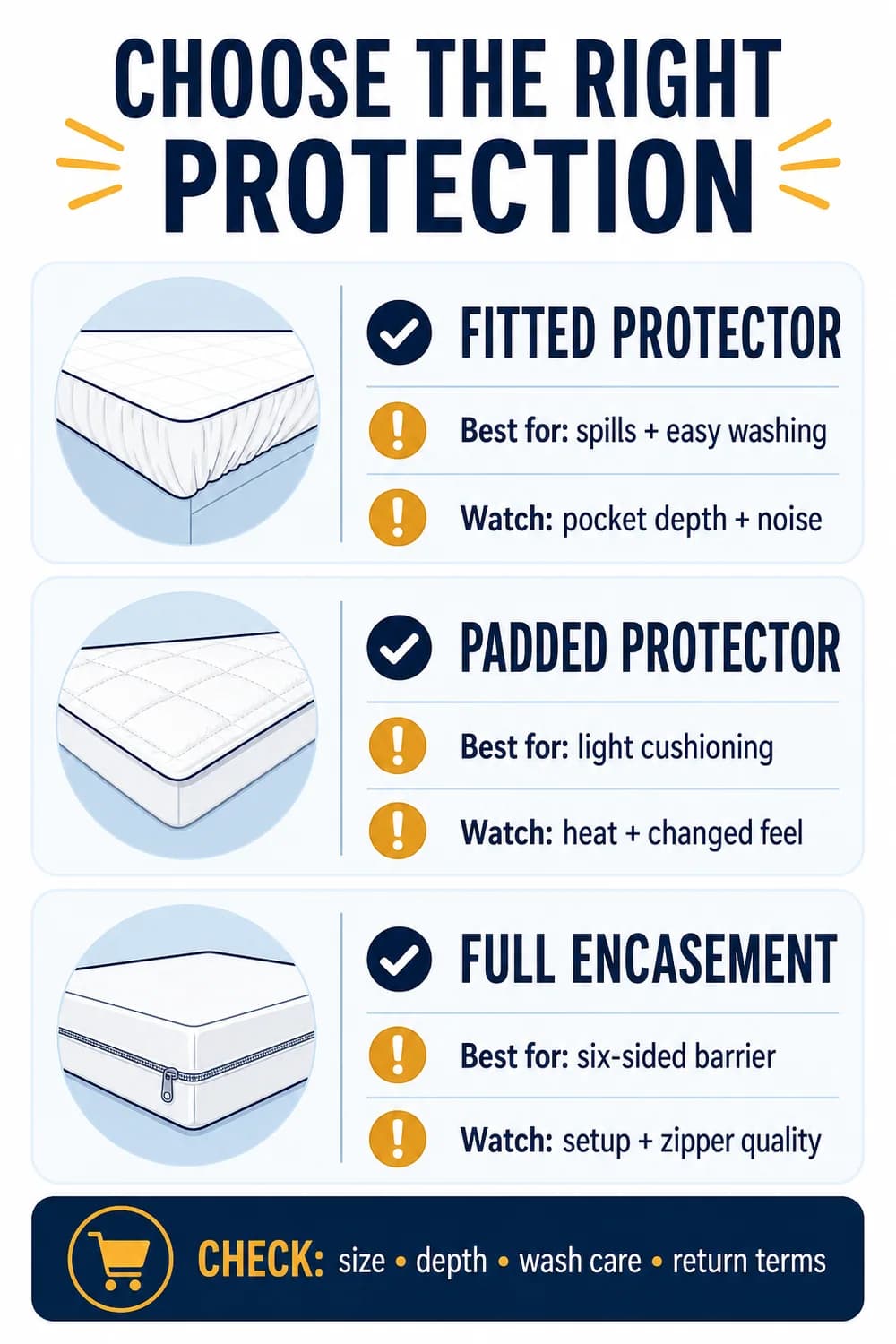 Mattress protector comparison chart for fitted, padded and full-encasement protection routes