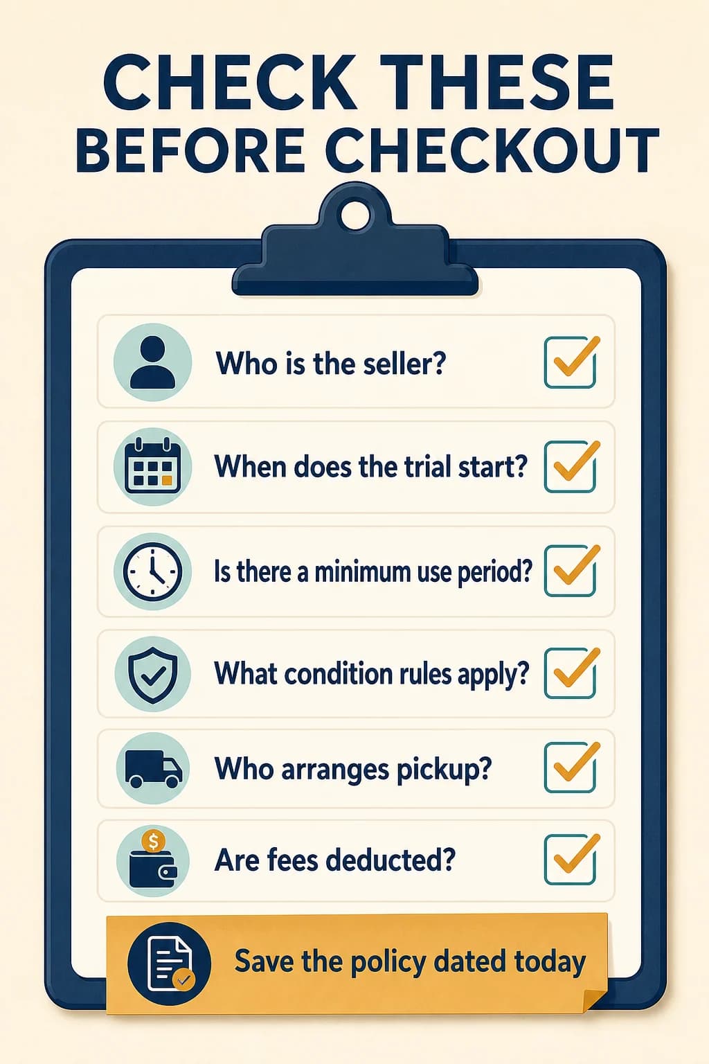 Checklist for seller, trial start, minimum use, condition rules, pickup, fees, and saving the dated policy