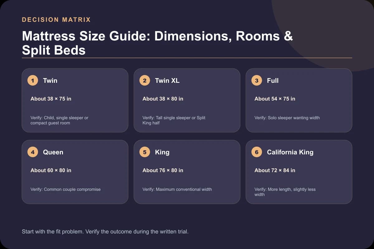 Mattress Size Guide: Dimensions, Rooms & Split Beds decision matrix