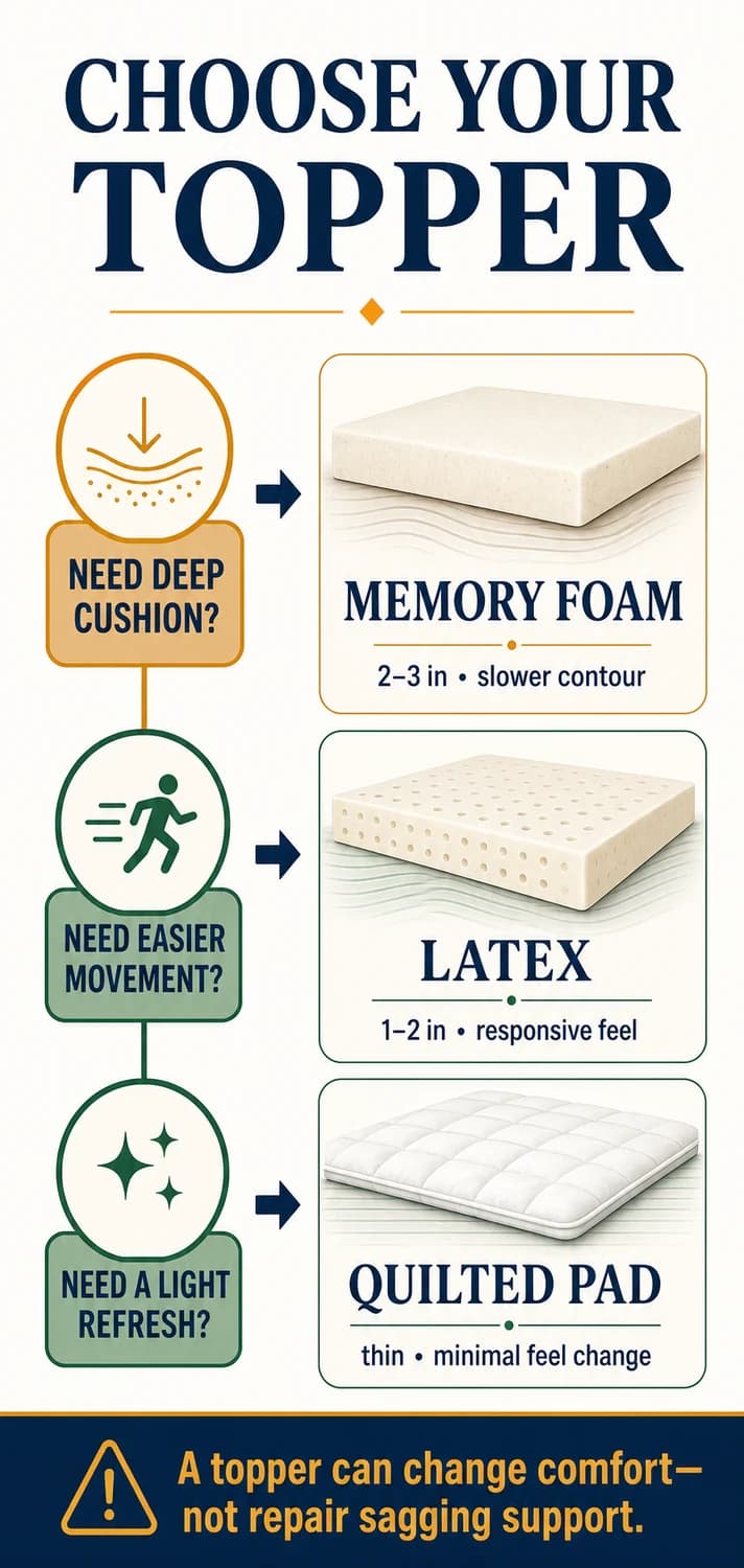 Decision chart comparing memory foam, latex and quilted mattress topper routes