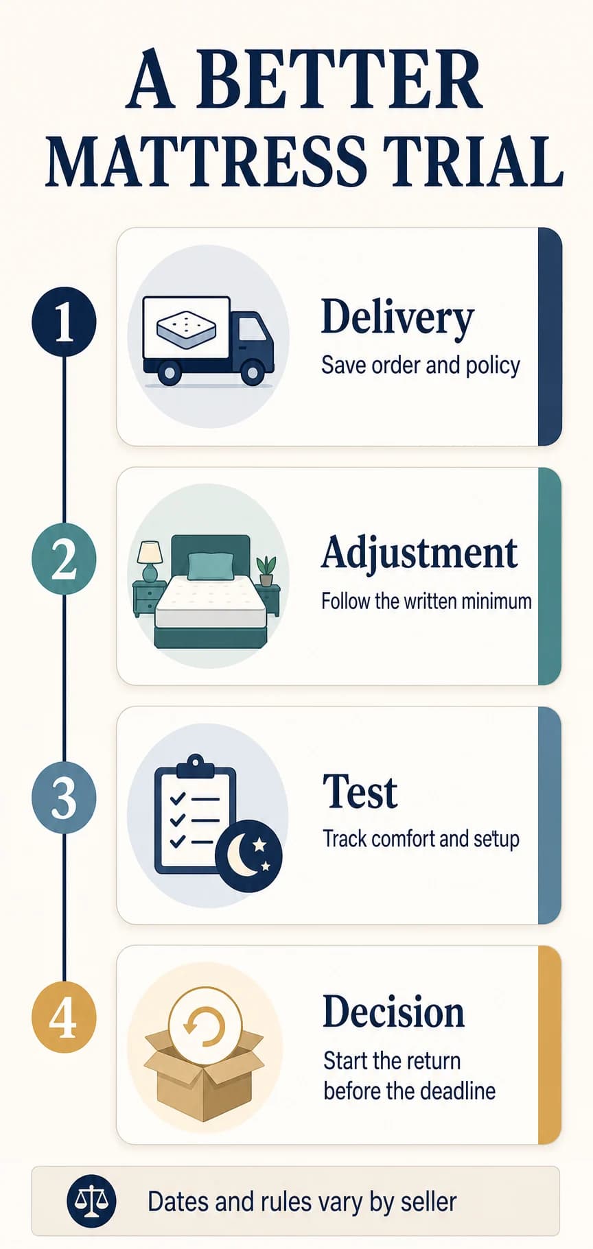 Mattress trial timeline from delivery and policy capture through adjustment, testing, and return decision