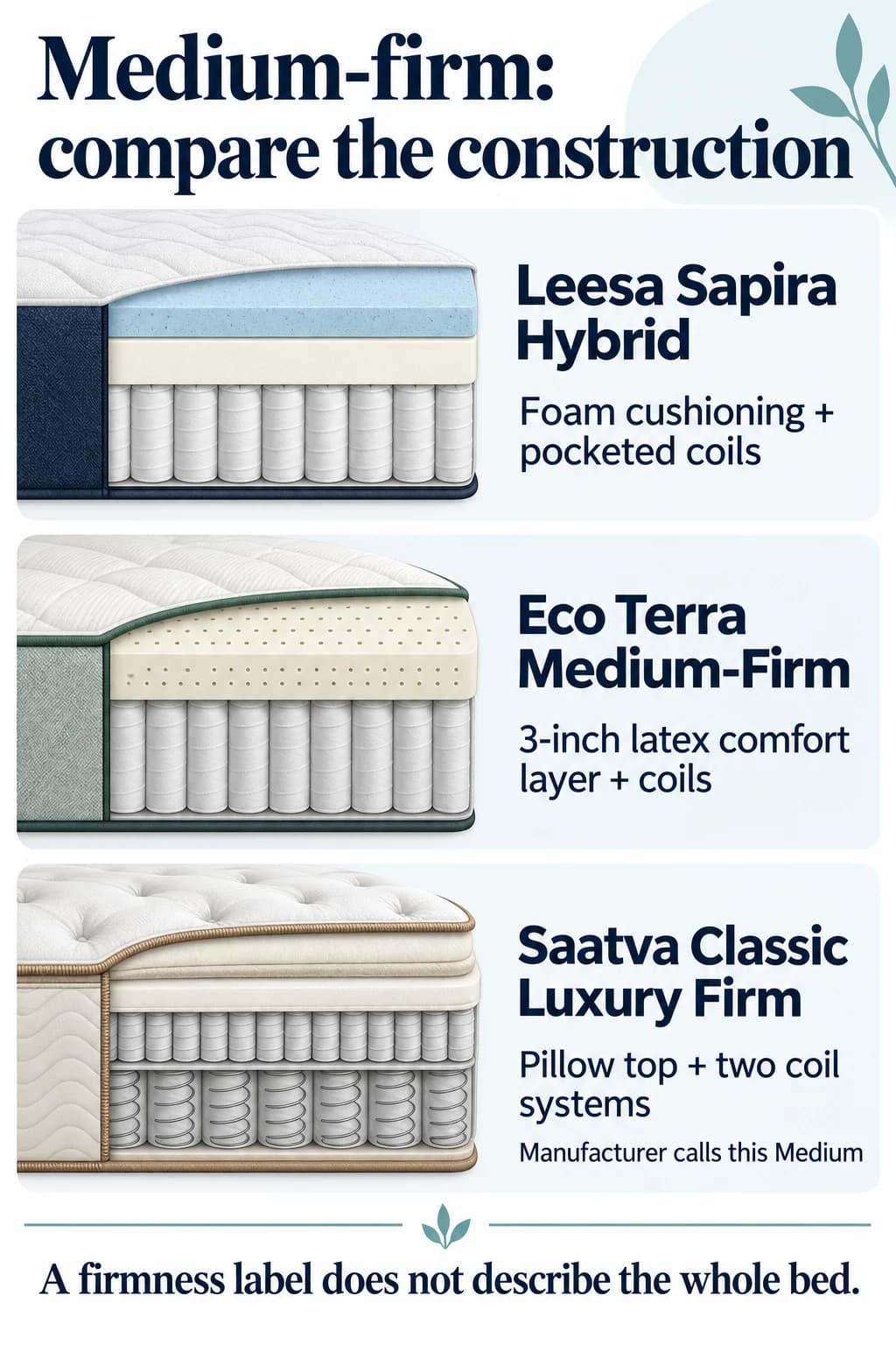 Three medium-firm shopping routes: Sapira foam and coils, Eco Terra three-inch latex and coils, and Saatva Luxury Firm pillow top and two coil systems; Saatva calls its option medium.