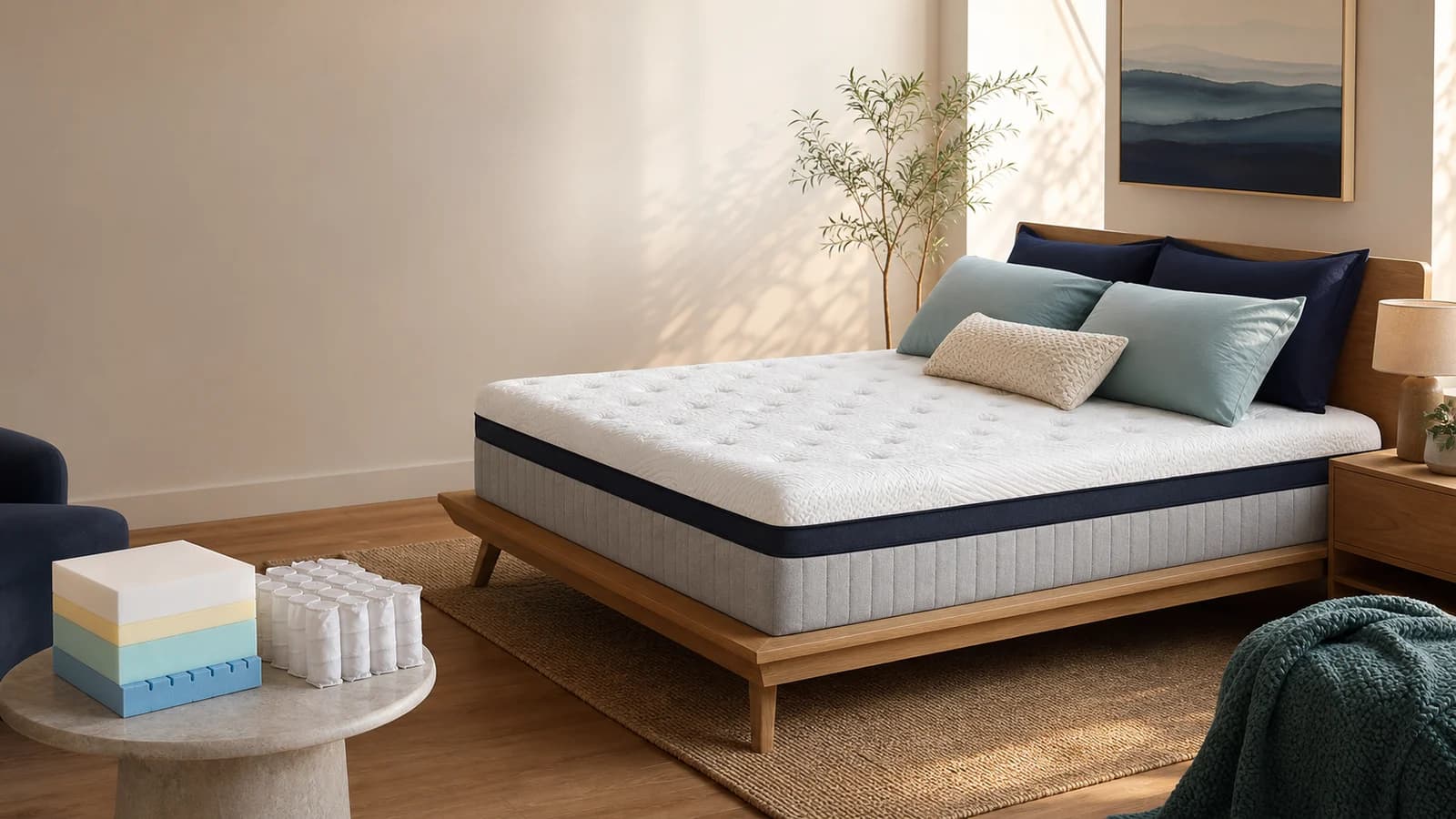 Editorial bedroom image illustrating a contouring foam mattress
