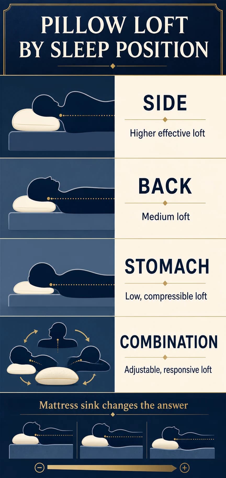 Pillow loft guide for side, back, stomach and combination sleepers