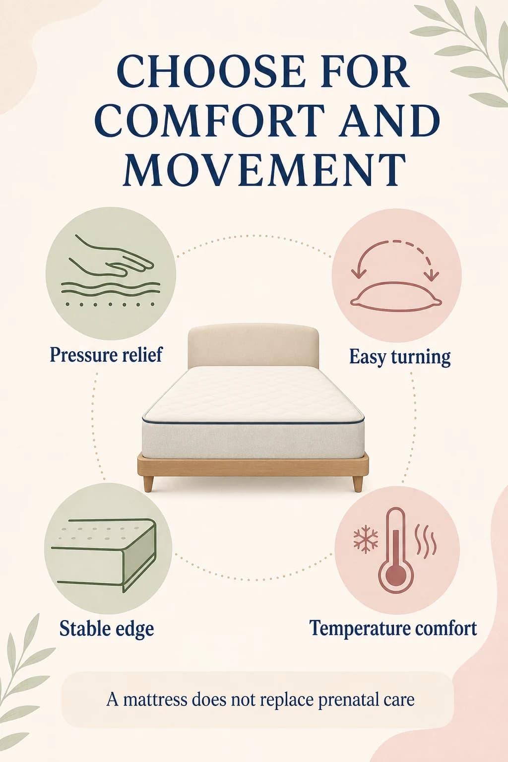 Pregnancy mattress comfort factors including pressure relief, easy turning, a stable edge, and temperature comfort