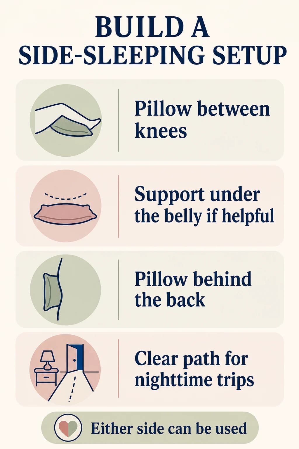 Side-sleeping setup with pillows between the knees, under the belly, behind the back, and a clear bedside path