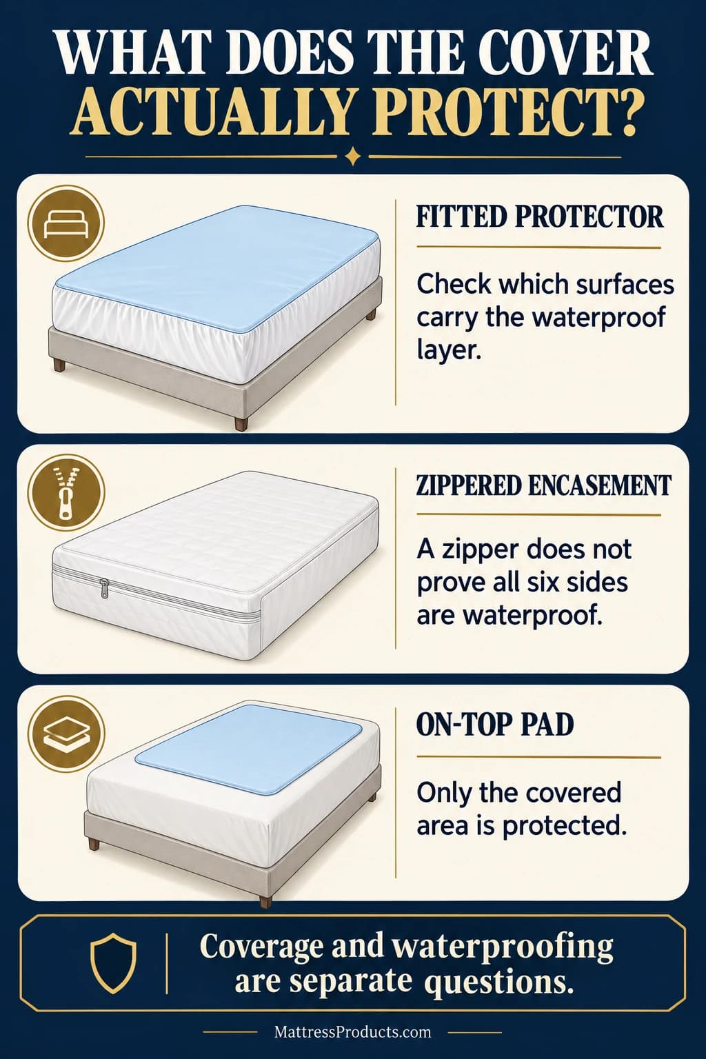A fitted protector's barrier coverage must be checked, a zipper does not prove waterproofing on all six sides, and an on-top pad protects only the covered zone.