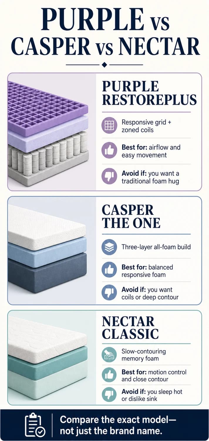 Decision chart comparing Purple RestorePlus, Casper The One and Nectar Classic